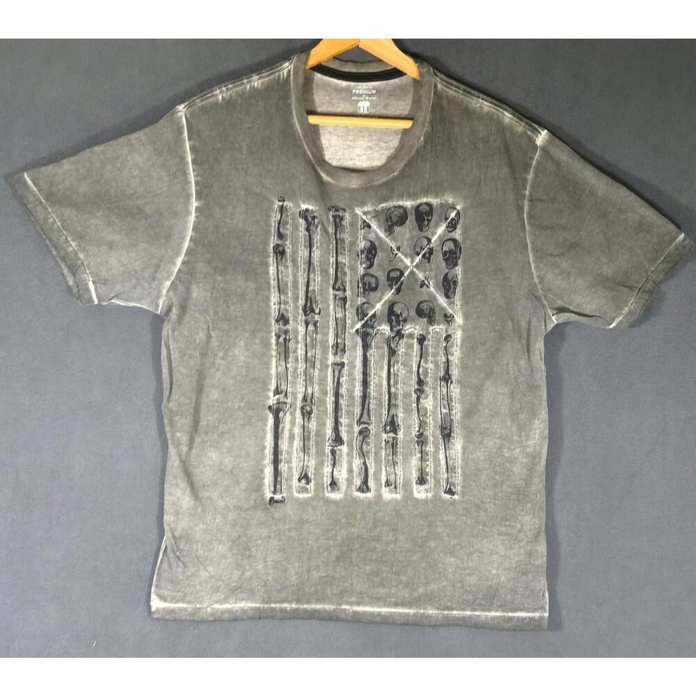 Route 66 Men’s T-Shirt Skull Bones Flag Graphic Distressed Gray Size Large #2